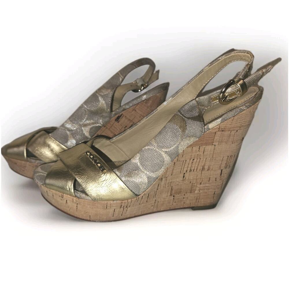 Coach Jessy Size 7.5 Gold Leather Iridescent Canvas Strappy Wedge Sandals - Picture 2 of 15